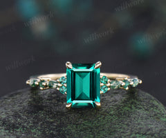 Emerald cut green emerald ring vintage yellow gold marquise moss agate engagement ring 4 prongs dainty wedding ring for women promise anniversary ring