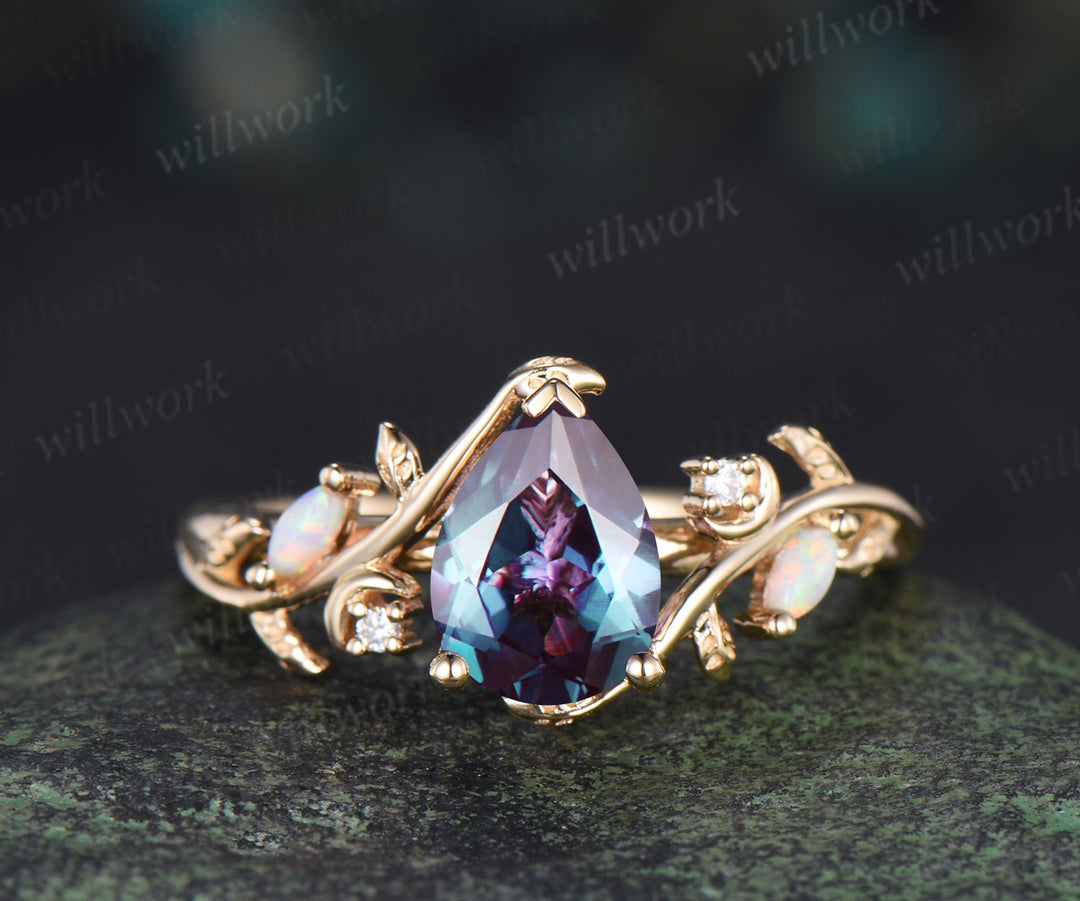 Pear cut alexandrite engagement ring set leaf twig moon opal moissanite ring celtic knot bezel opal wedding ring band enchanting bridal set