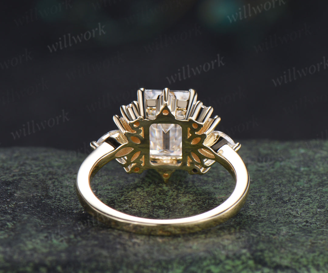 Emerald cut moissanite engagement ring unique cluster marquise pear moissanite promise wedding ring