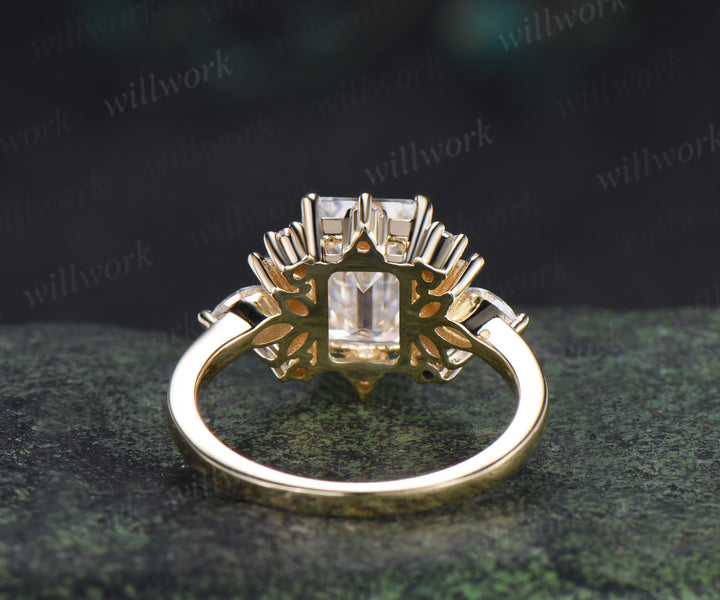 Emerald cut moissanite engagement ring unique cluster marquise pear moissanite promise wedding ring