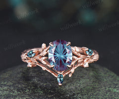Oval Fireworks cut alexandrite engagement ring leaf branch nature inspired rose gold diamond ring antique