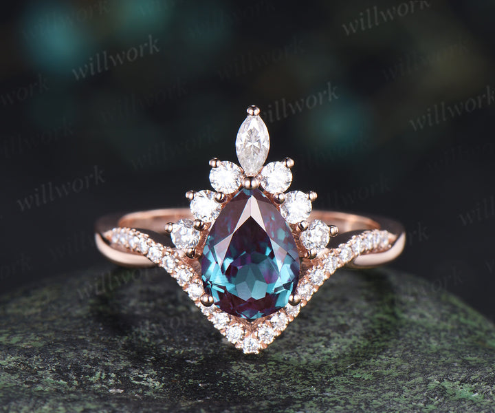 Pear Alexandrite engagement ring set halo art deco moissanite twisted ring set curved matching wedding band jewelry set
