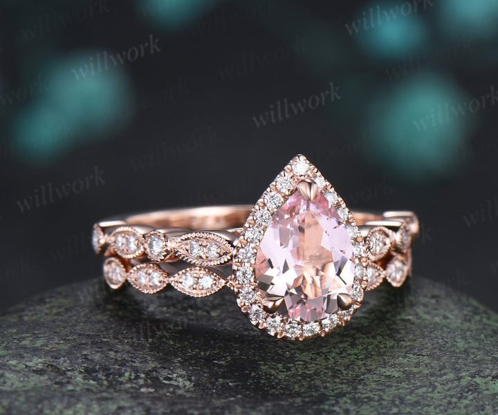 Vintage pear cut pink morganite engagement ring set diamond halo half eternity promise ring  milgrain wedding band bridal set