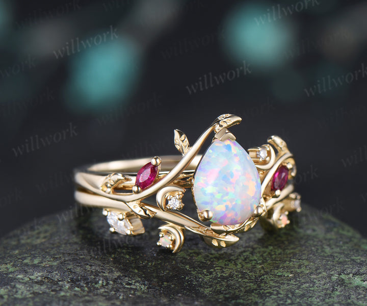 Vintage Teardrop Opal Engagement Ring Set Art Deco Moon Marquise Ruby Leaf Vine Ring Moissanite Band Nature Inspired Bridal Set