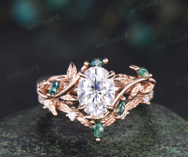 Vintage oval cut lab grown diamond engagement ring set leaf twig moss agates ring natural inspired bridal set