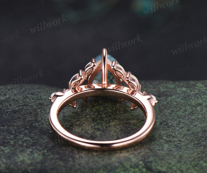 Unique pear moss agate ring leaf inspired opals engagement ring split shank bridal ring