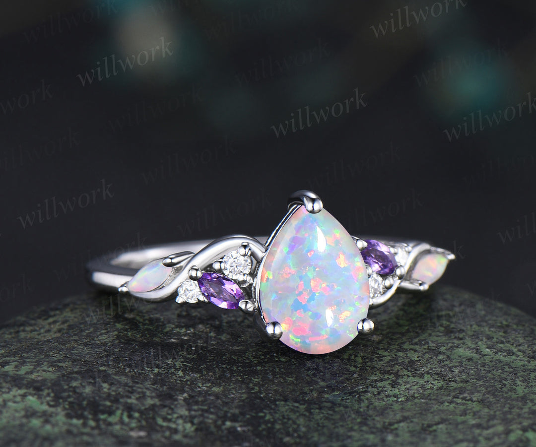 Pear opal engagement ring fire opal amethyst moissanite cluster ring October birthstone jewelry gifts for women