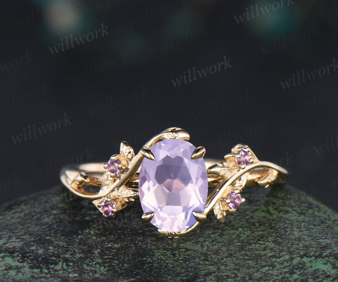 Oval lavender amethyst engagement ring set leaf twig amethysts ring marquise amethyst moon enhancer wraps unique bridal set