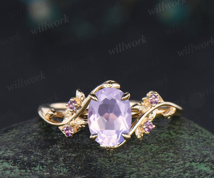 Oval lavender amethyst engagement ring set leaf twig amethysts ring marquise amethyst moon enhancer wraps unique bridal set