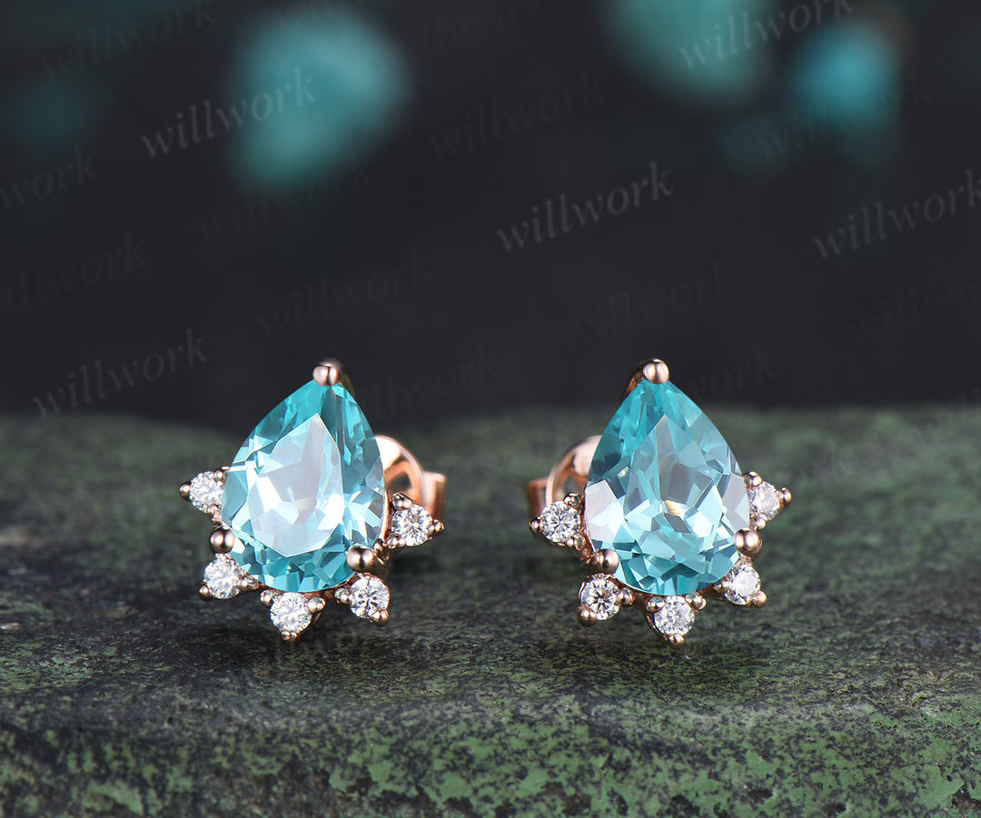 Pear Cut Paraiba Stud Earrings Bluish Green Tourmaline Moissanite Earrings Pierced Jewelry