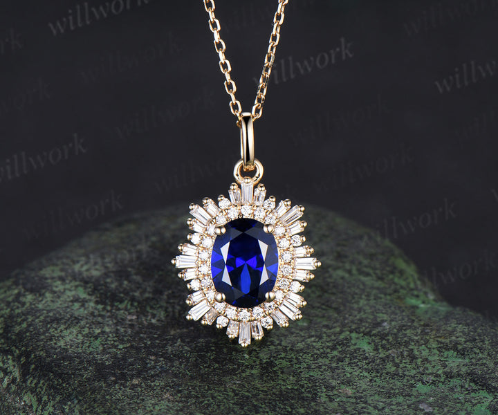 Oval blue sapphire necklace unique double halo diamond pendant necklace antique solid 14k 18k yellow gold necklace for women