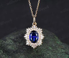 Oval blue sapphire necklace unique double halo diamond pendant necklace antique solid 14k 18k yellow gold necklace for women