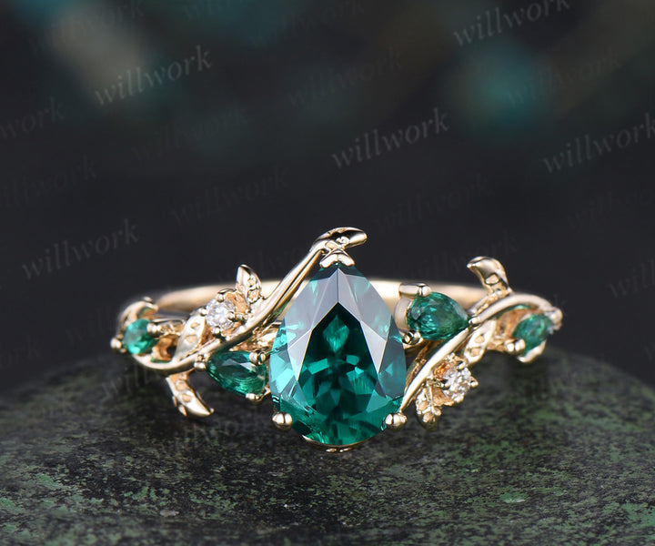 Vintage pear cut emerald engagement ring set pear emerald leaf twig ring celtic knot leaf wedding band unique bridal set