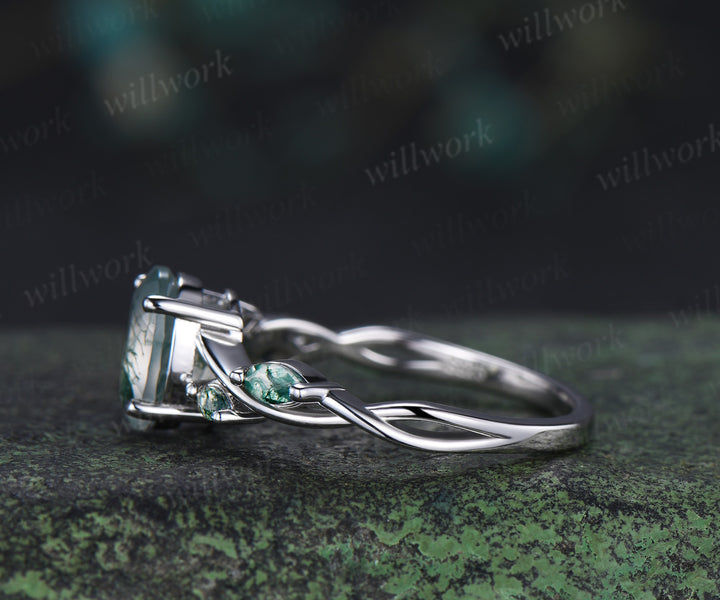 Oval cut moss agate engagement ring marquise moss agate infinity wedding ring unique five stone bridal ring