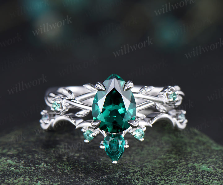 Pear cut emerald engagement ring floral twig split shank ring unique moon teardrop emerald wedding band bridal set gifts for her
