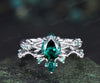 Pear cut emerald engagement ring floral twig split shank ring unique moon teardrop emerald wedding band bridal set gifts for her