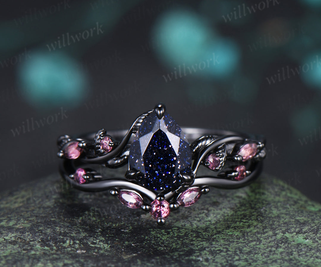 Teardrop blue sandstone ring set black gold leaf vine engagement ring with pink tourmaline accents galaxy gemstone bridal set
