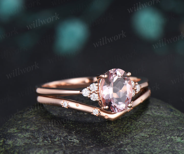 Oval Cut Pink Engagement Ring Set Diamond Cluster Ring Star Wedding Band Unique Seven Stone Bridal Set