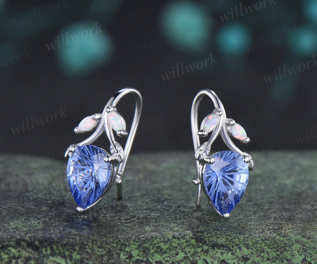 Pear Shaped Fireworks Cut Cornflower Blue Sapphire Hook Earrings Leaf Vine Opal Accent Earrings Gifts for Her