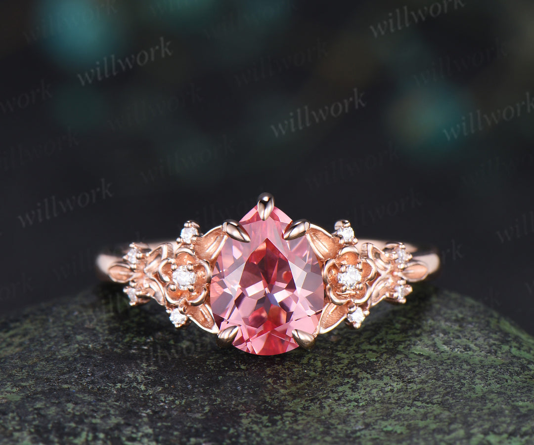 Vintage pear padparadscha pink sapphire bridal set 5 claw prong leaf floral moissanite wedding promise ring