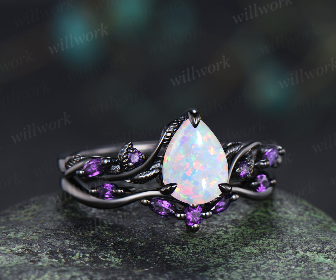 Leaf Pear Opal Amethyst Engagement Ring Set & Tungsten Galaxy Nebula Mens Band Unique Couple Ring Set