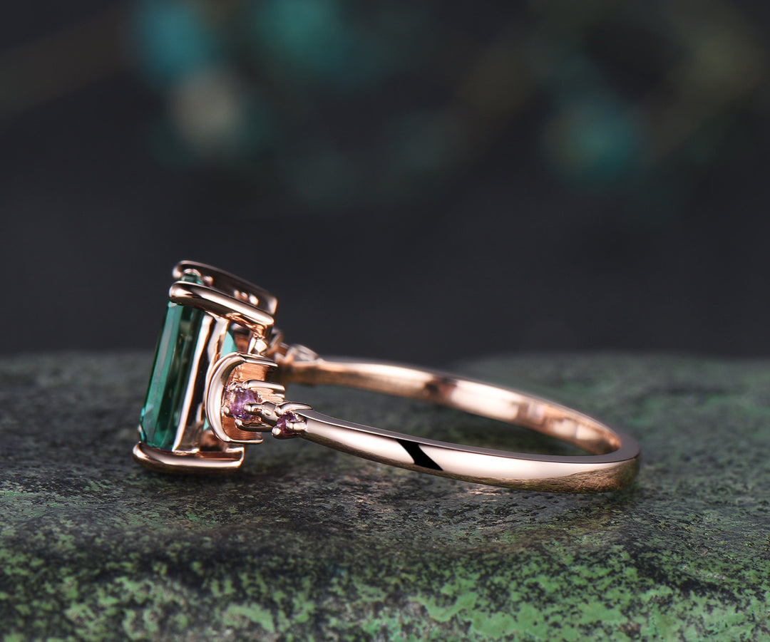 Emerald cut green emerald ring five stone amethyst moon promise ring 14k rose gold May birtstone jewelry
