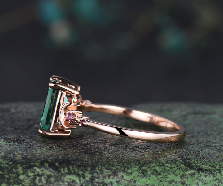 Emerald cut green emerald ring five stone amethyst moon promise ring 14k rose gold May birtstone jewelry