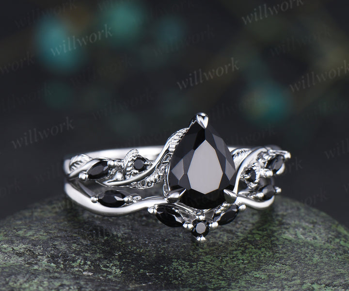 Pear Cut Black Onyx Leaf Twig Bridal Ring Set & Full Eternity Black Onyx Black Spinels Men Ring Unique Couple Ring Set