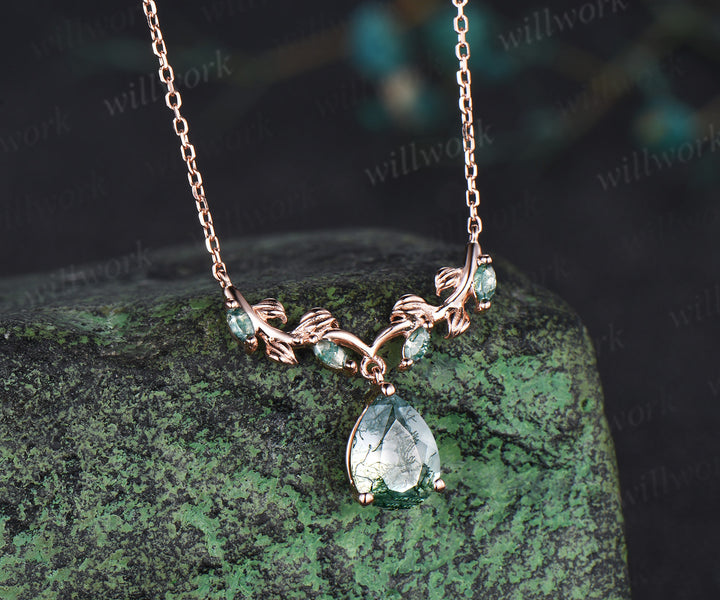 Pear moss agate necklace leaf vine marquise moss agate nature inspired pendant unique botanical jewelry gift
