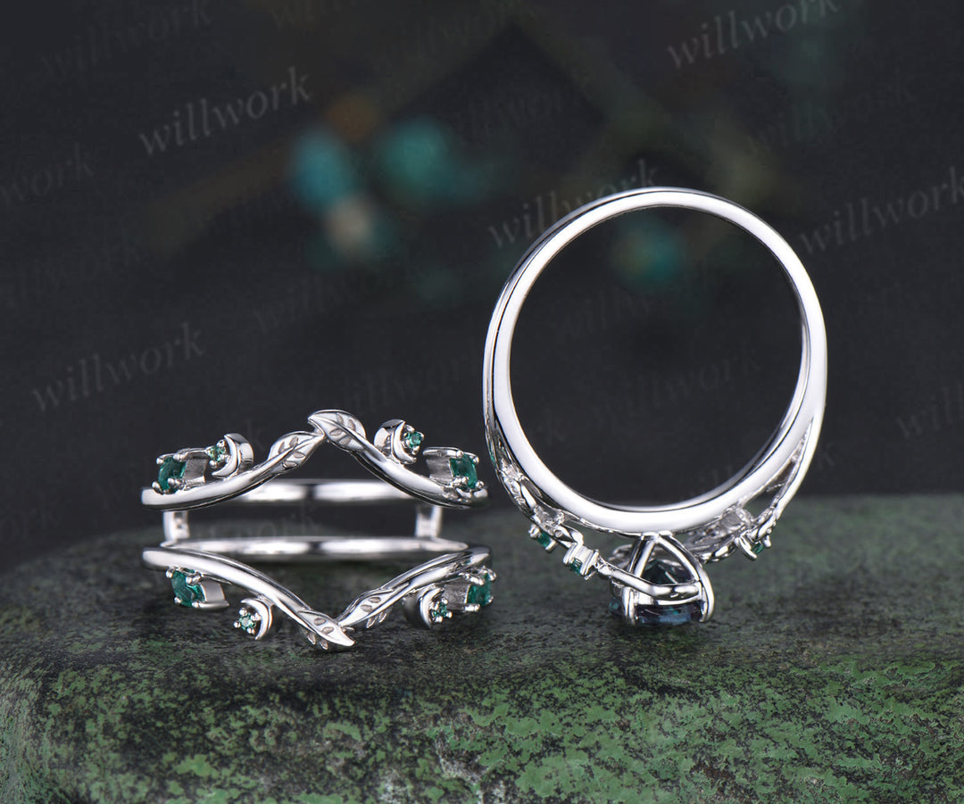 Vintage pear alexandrite engagement ring set leaf twig art deco emerald ring double layer emerald enhancer band unique brial set