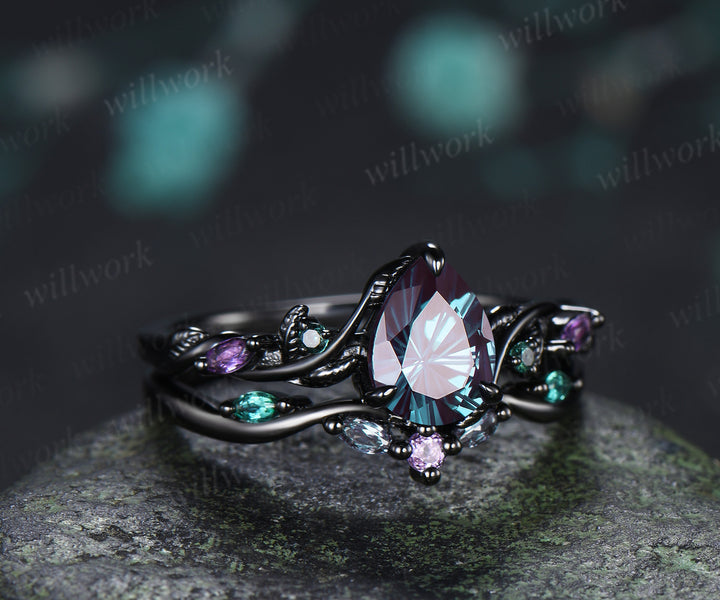 Fireworks Cut Alexandrite Engagement Ring Set Twig Leaf Amethyst Emerald Accent Promise Ring Matching Wedding Band Nature Inspired Bridal Set