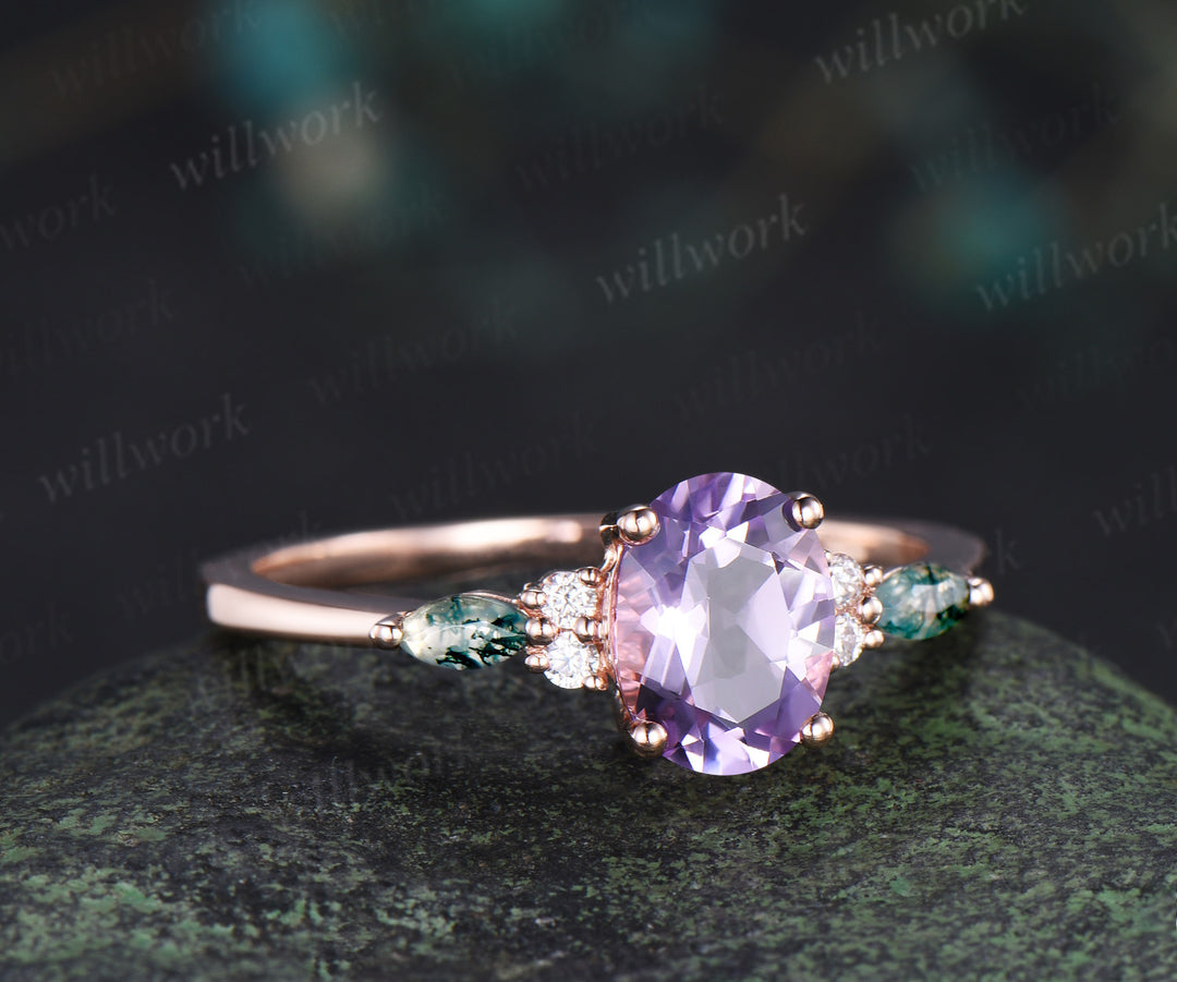 Oval cut Lavender amethyst ring romantic purple crystal engagement ring marquise moss agate moissanite seven stone wedding ring
