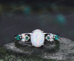 Oval Opal Engagement Ring Square Shape Emerald Accent Ring Vintage White Opal Bridal Ring