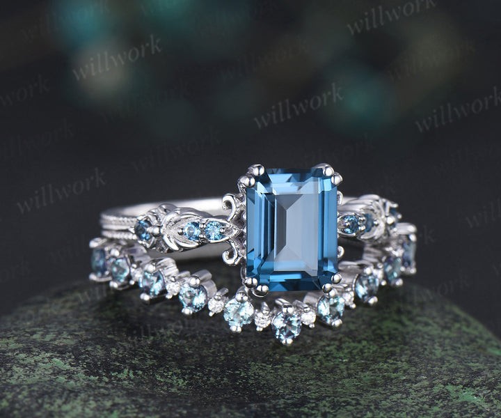 Vintage emerald cut London blue topaz engagement ring set filigree art deco blue topaz ring half eternity alexandrite wedding band bridal set