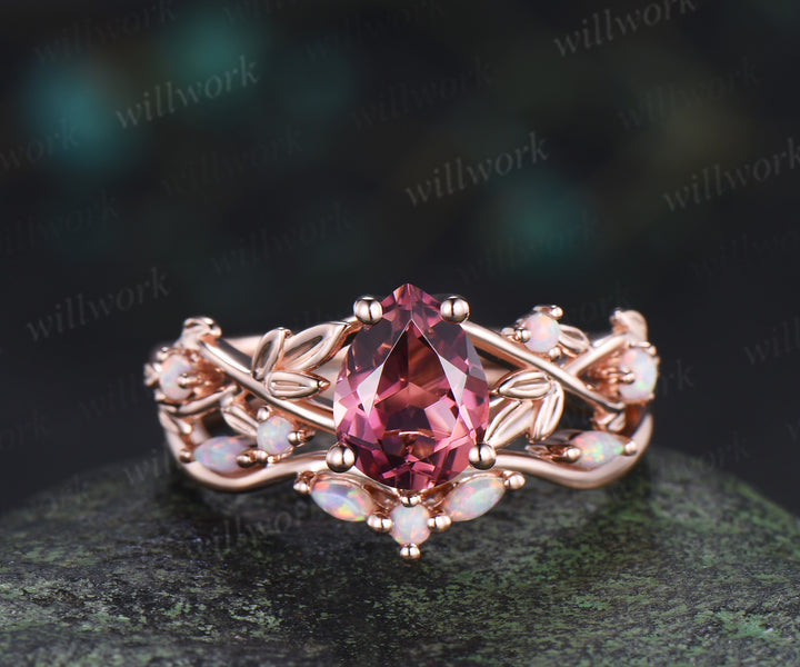 Pear cut natural pink tourmaline leaf engagement ring set nature inspired twig accent opal ring bridal set