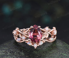 Pear cut natural pink tourmaline leaf engagement ring set nature inspired twig accent opal ring bridal set