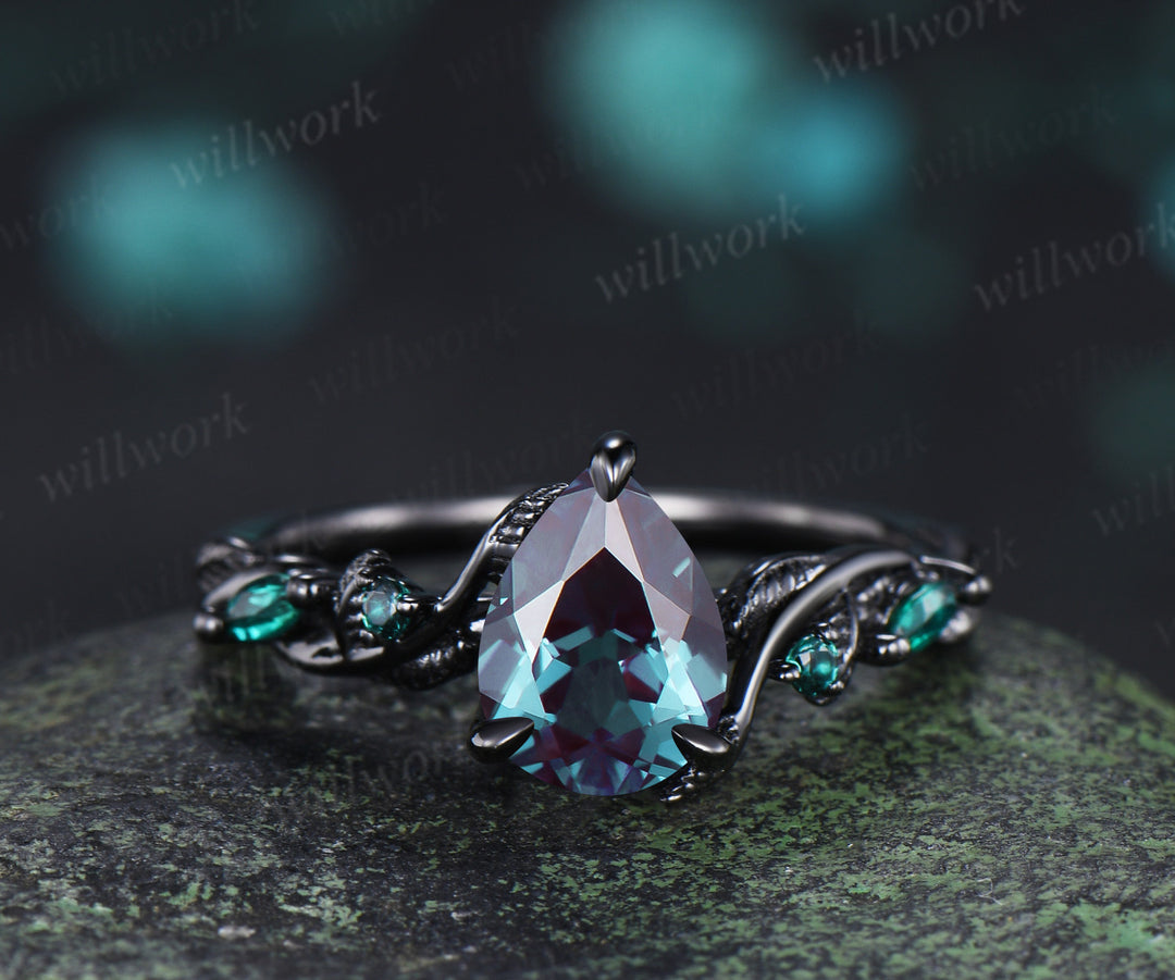 Pear alexandrite ring set unique twig vine teardrop emerald accent ring unique bridal set jewelry gifts
