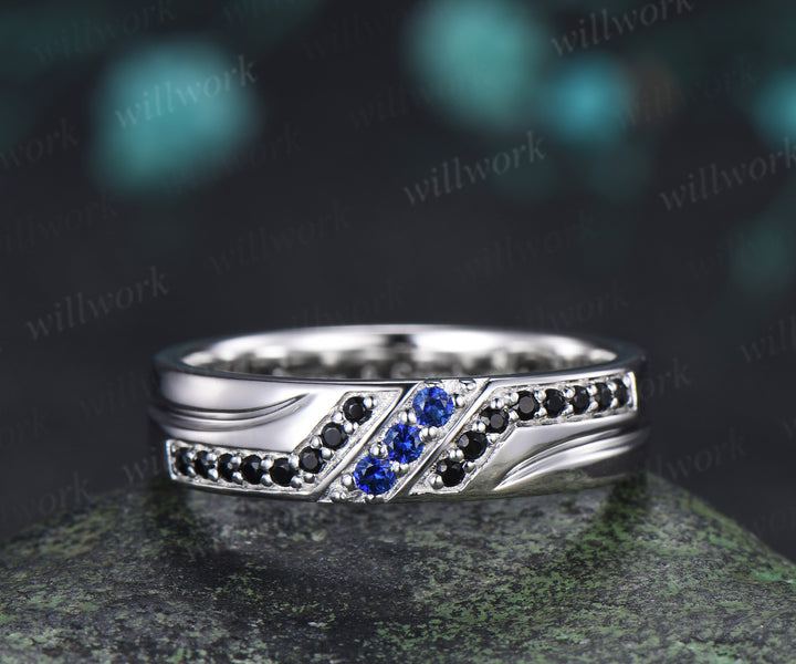 Radianit Cut Sapphire Twig Leaf Ring Set & Round Sapphire Black Spinel Men Wedding Ring Couple Ring Set