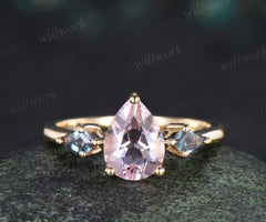 Nature pear pink morganite engagement ring minimalistic three stone unique kite cut alexandrite ring anniversary ring for women
