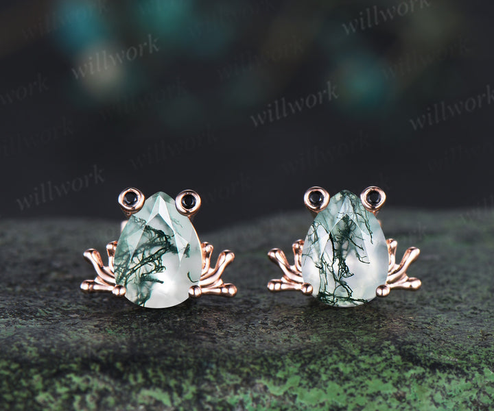 Frog stud earrings pear moss agate black spinels rose gold nature animal jewelry gift