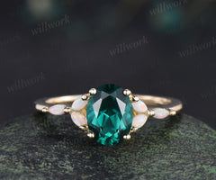 Oval cut emerald engagement ring marquise opals classic seven stone promise ring unique cluster bridal ring