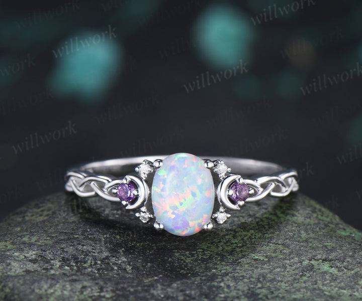 Oval White Opal Amethyst Moon Ring Twisted Weave Half Eternity Band Vintage Opal Wedding Ring Gift for Women