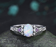 Oval White Opal Amethyst Moon Ring Twisted Weave Half Eternity Band Vintage Opal Wedding Ring Gift for Women