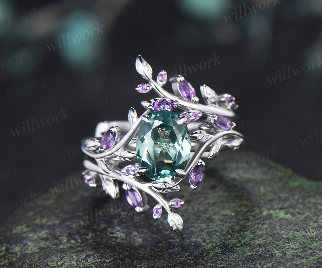 Oval Cut Green Sapphire Leaf Vine Engagement Ring Amethyst Enhancer Wrap Band Nature Inspired Bridal Set