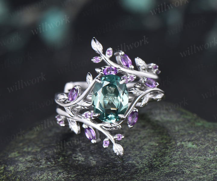 Oval Cut Green Sapphire Leaf Vine Engagement Ring Amethyst Enhancer Wrap Band Nature Inspired Bridal Set