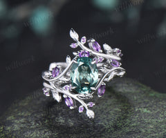 Oval Cut Green Sapphire Leaf Vine Engagement Ring Amethyst Enhancer Wrap Band Nature Inspired Bridal Set