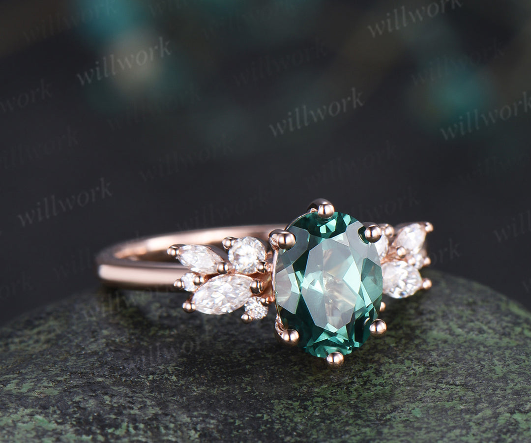 Oval cut green sapphire engagement ring moissanites diamonds cluster promise ring unique bridal ring