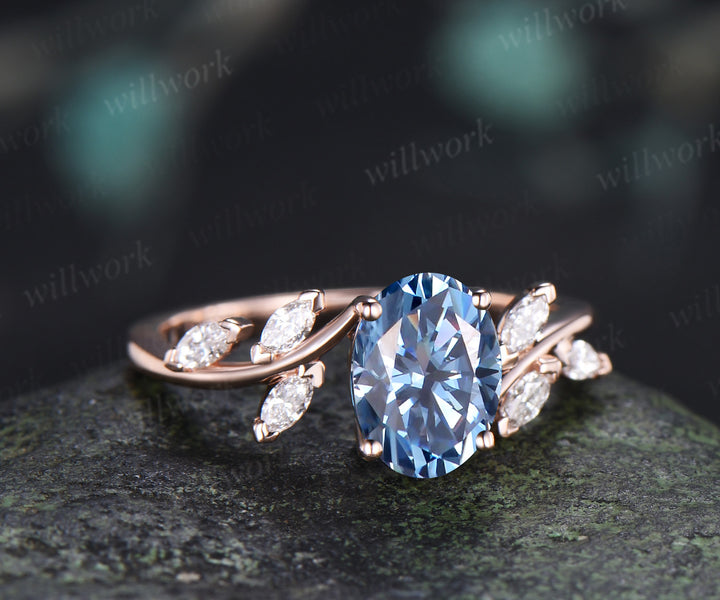 Oval Cut Blue Moissanite Engagement Ring Seven Stone Bypass Ring Marquise Diamond Cluster Ring Gifts