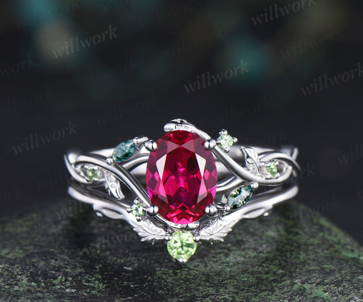 Oval cut ruby engagement ring set split shank marquise moss agate leaf infinity ring peridot vines wedding band