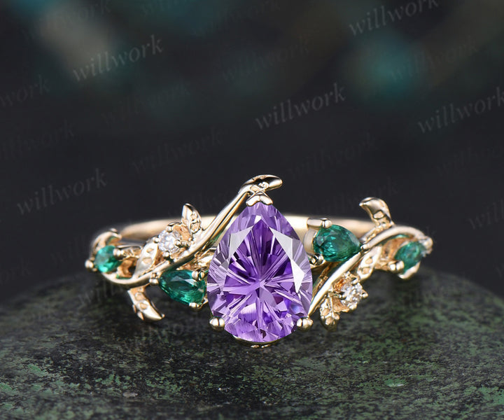 Teardrop Fireworks Cut Amethyst Engagement Ring Leafy Vine Emerald Accent Promise Ring Vintage Celtic Knot Wedding Band Bridal Set
